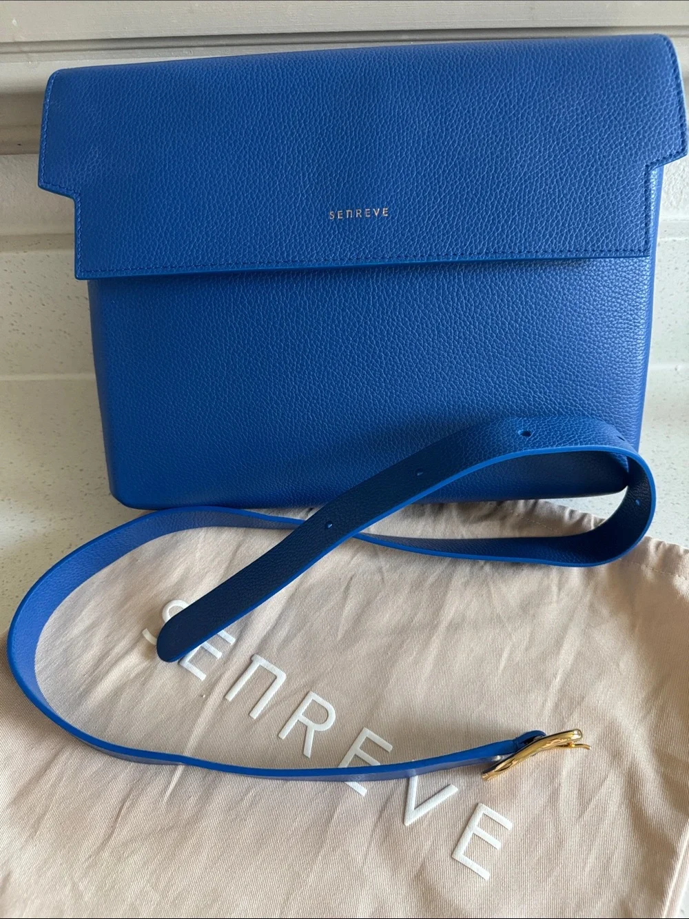 Senreve Azure Leather Satchel with Gold Buckle